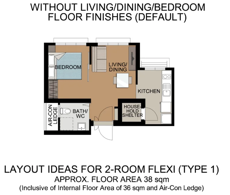 HDB floor plan of a 2-room Flexi (Type 1) flat at Teck Whye View, about 38 sqm