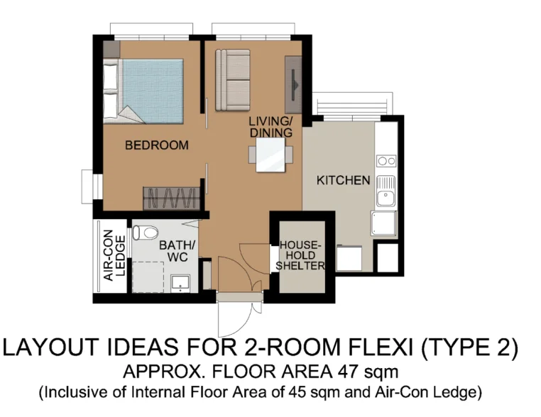 HDB floor plan of a 2-room Flexi (Type 2) flat at Teck Whye View, about 47 sqm