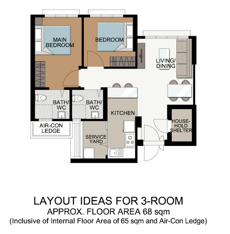 HDB floor plan of a 3-room flat at Teck Whye View, about 68 sqm