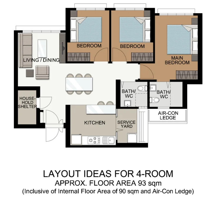 HDB floor plan of a 4-room flat at Teck Whye View, about 93 sqm