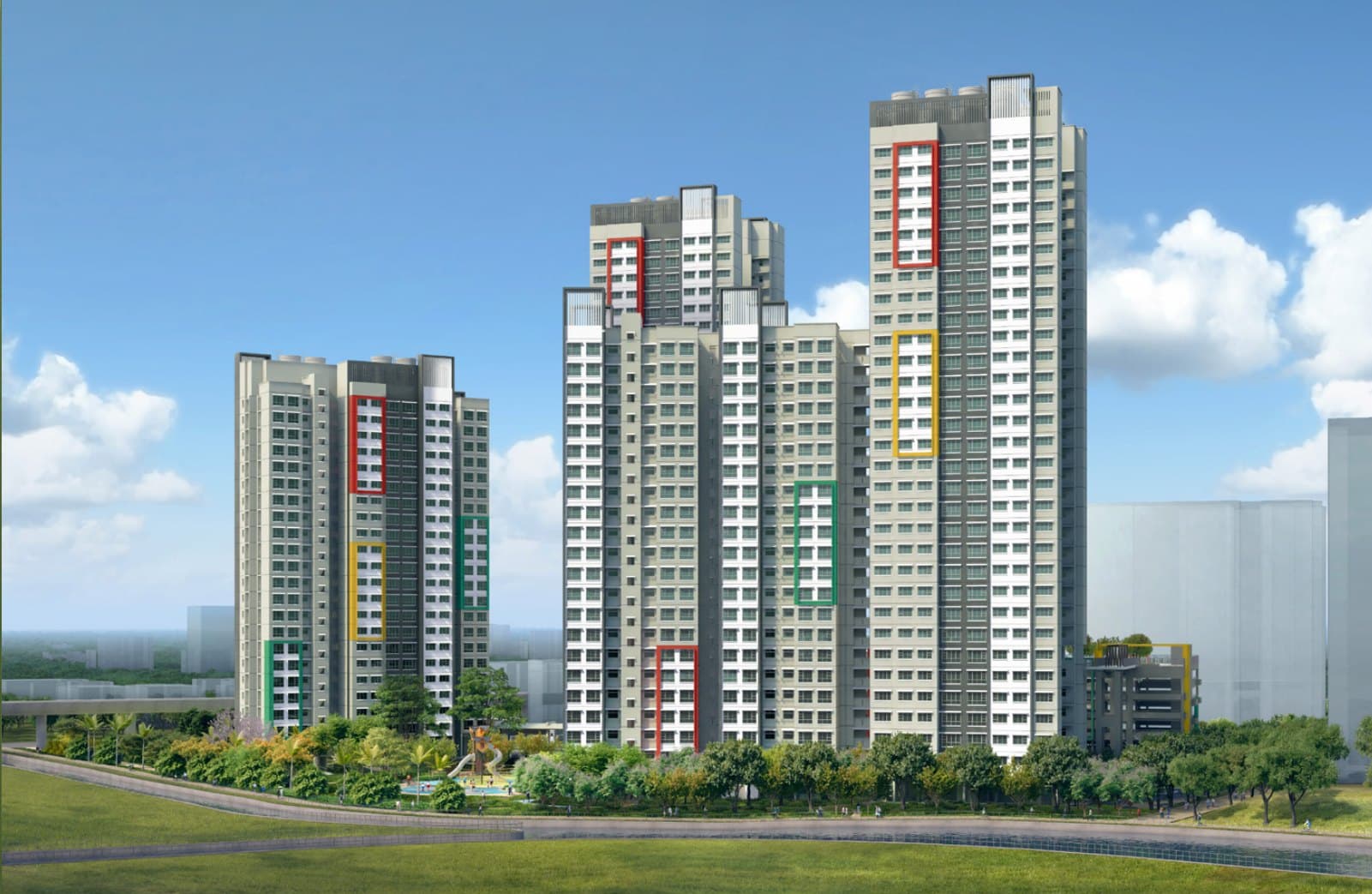 Artist’s impression of Teck Whye View: three white and grey HDB towers of 22 to 31 storeys with red, yellow and green accents, behind a green park connector