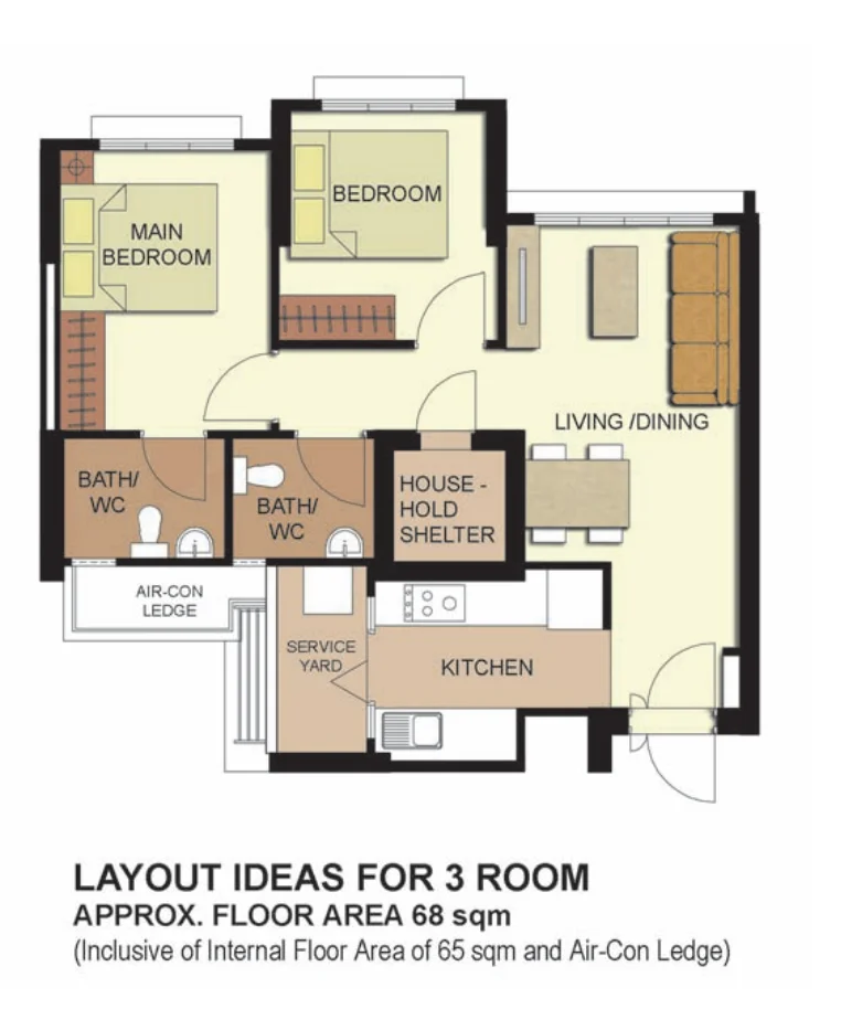 HDB floor plan of a 3-room flat at Telok Blangah ParcView, about 68 sqm