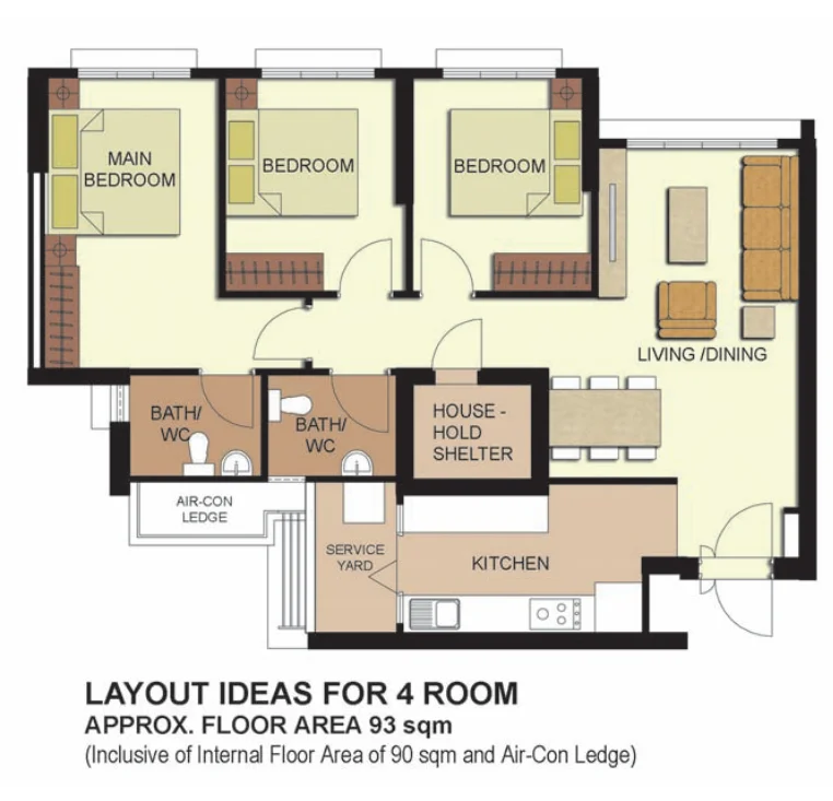 HDB floor plan of a 4-room flat at Telok Blangah ParcView, about 93 sqm