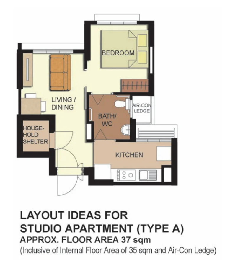 HDB floor plan of a Studio (Type A) flat at Telok Blangah ParcView, about 37 sqm