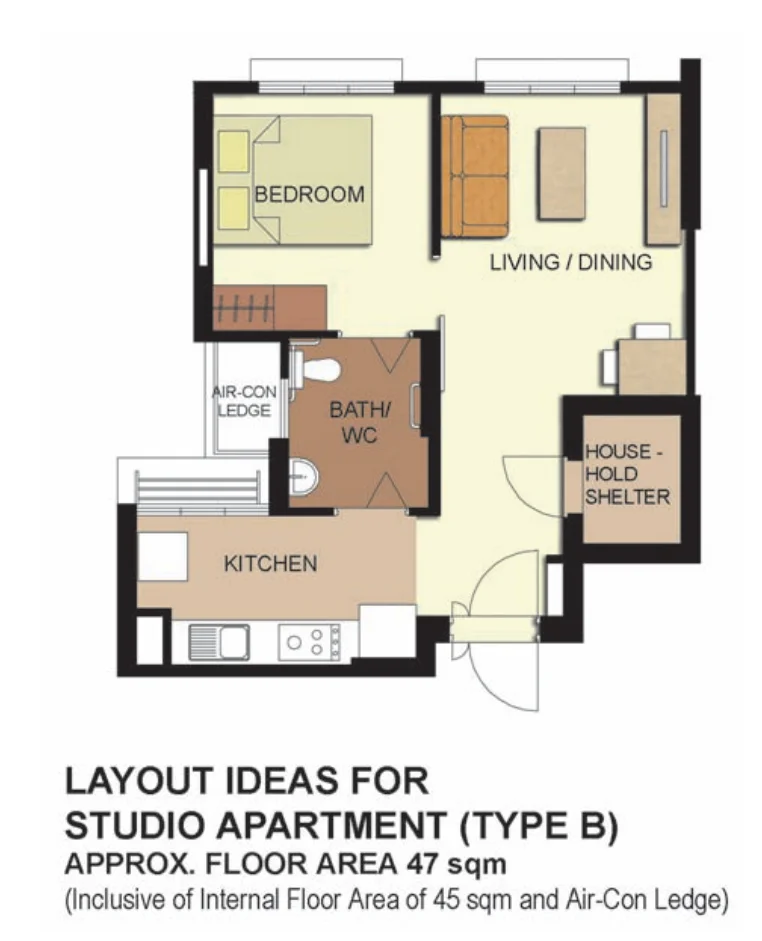 HDB floor plan of a Studio (Type B) flat at Telok Blangah ParcView, about 47 sqm