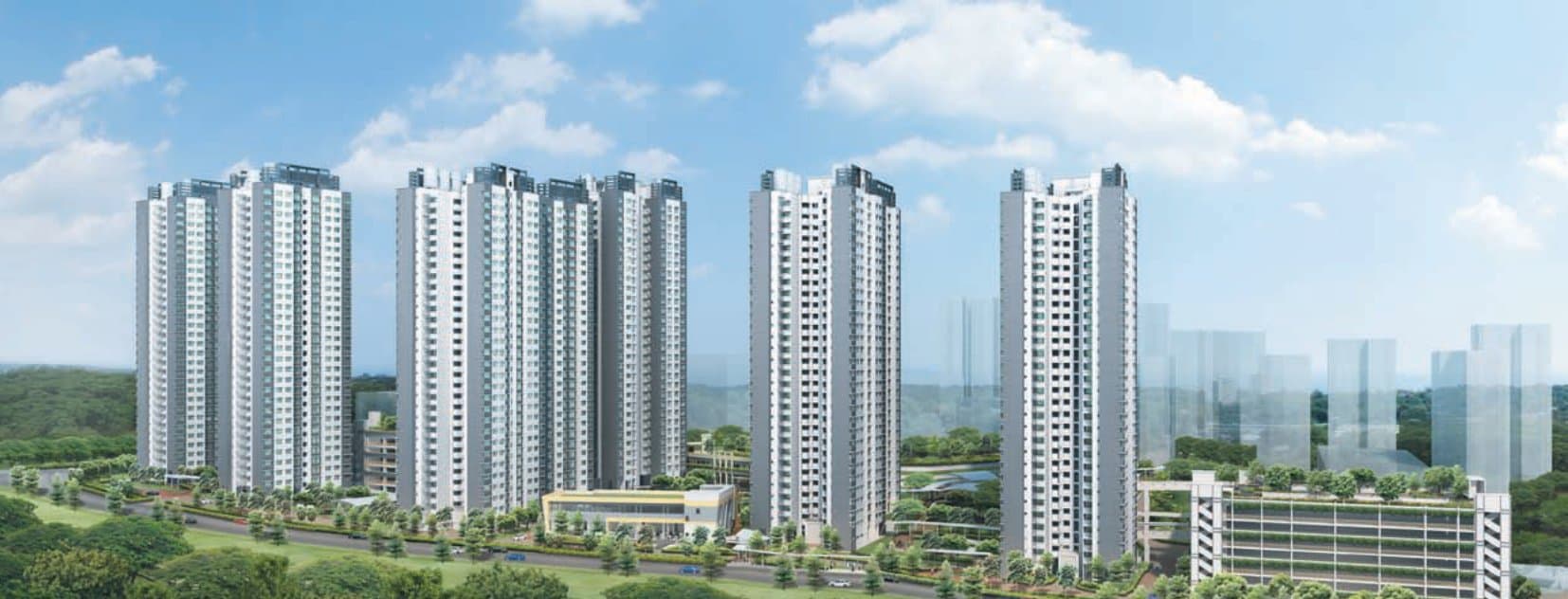 Artist’s impression of Telok Blangah ParcView: seven 30-storey white HDB blocks above a green park, with a multi-storey car park with a roof garden on the right
