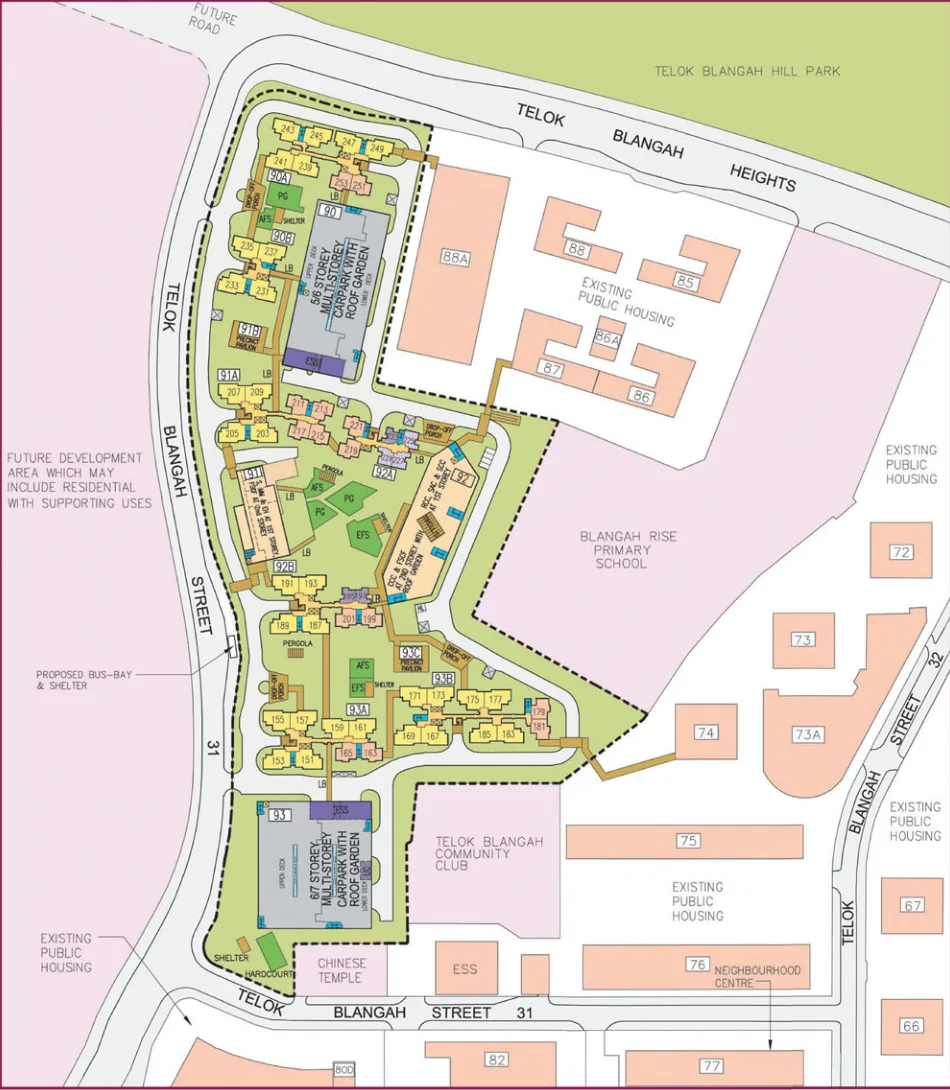 HDB site plan of Telok Blangah ParcView, blocks 90A, 90B, 91A, 92A, 92B, 93A and 93B