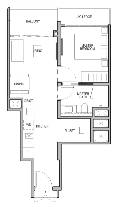 Floor plan of Tembusu Grand type A2S / A2S(d) / A2S(p), 1-Bedroom + Study, 527 to 646 sq ft
