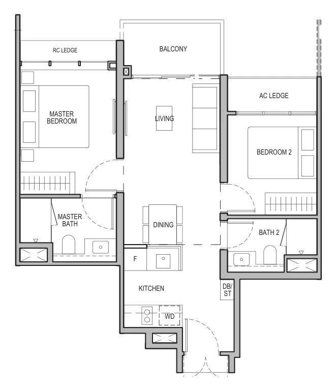 Floor plan of Tembusu Grand type B1 / B1(d) / B1(p), 2-Bedroom, 667 to 829 sq ft