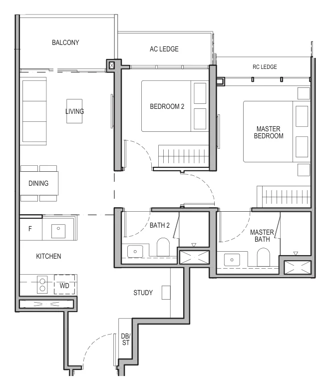 Floor plan of Tembusu Grand type B2S / B2S(d) / B2S(p), 2-Bedroom + Study, 743 to 883 sq ft
