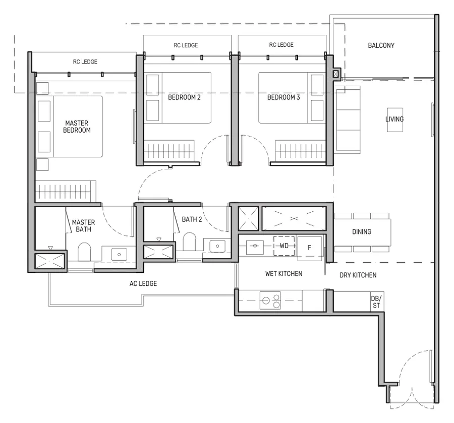 Floor plan of Tembusu Grand type C1 / C1(d) / C1(p), 3-Bedroom, 990 to 1,184 sq ft