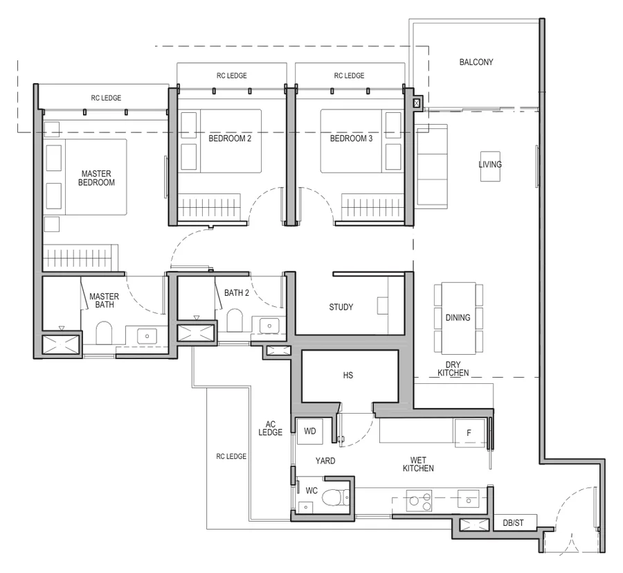 Floor plan of Tembusu Grand type C2S / C2S(d) / C2S(p), 3-Bedroom + Study, 1,173 to 1,399 sq ft