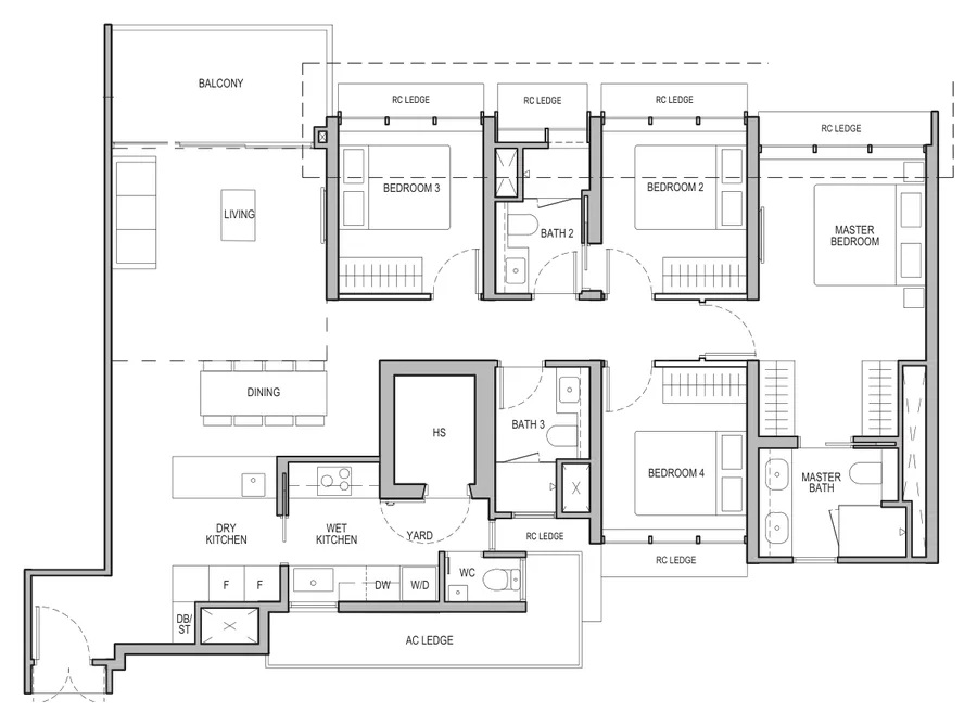 Floor plan of Tembusu Grand type D1 / D1(d) / D1(p), 4-Bedroom, 1,432 to 1,604 sq ft