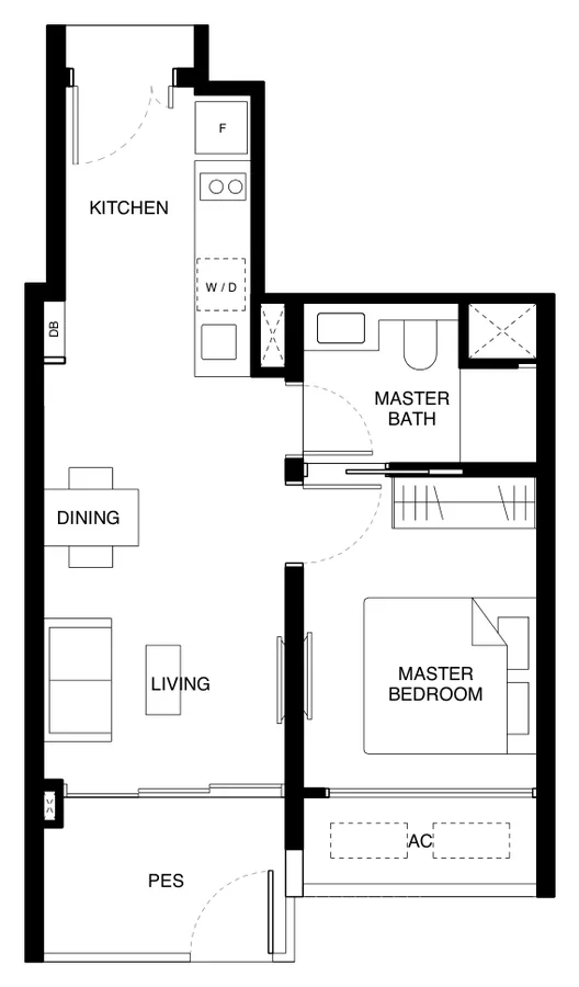 Floor plan of Tengah Garden Residences type (1)a, 1-Bedroom, 484 sq ft