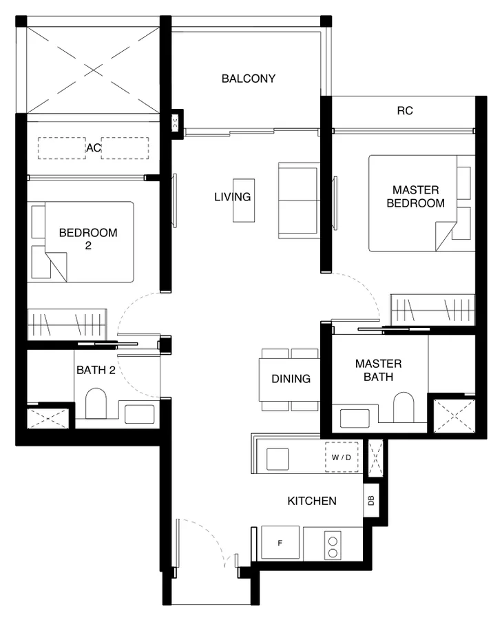 Floor plan of Tengah Garden Residences type (2)b, 2-Bedroom Premium, 657 sq ft