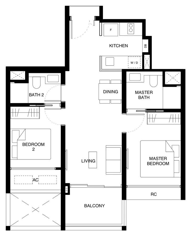 Floor plan of Tengah Garden Residences type (2)c, 2-Bedroom Premium, 667 sq ft