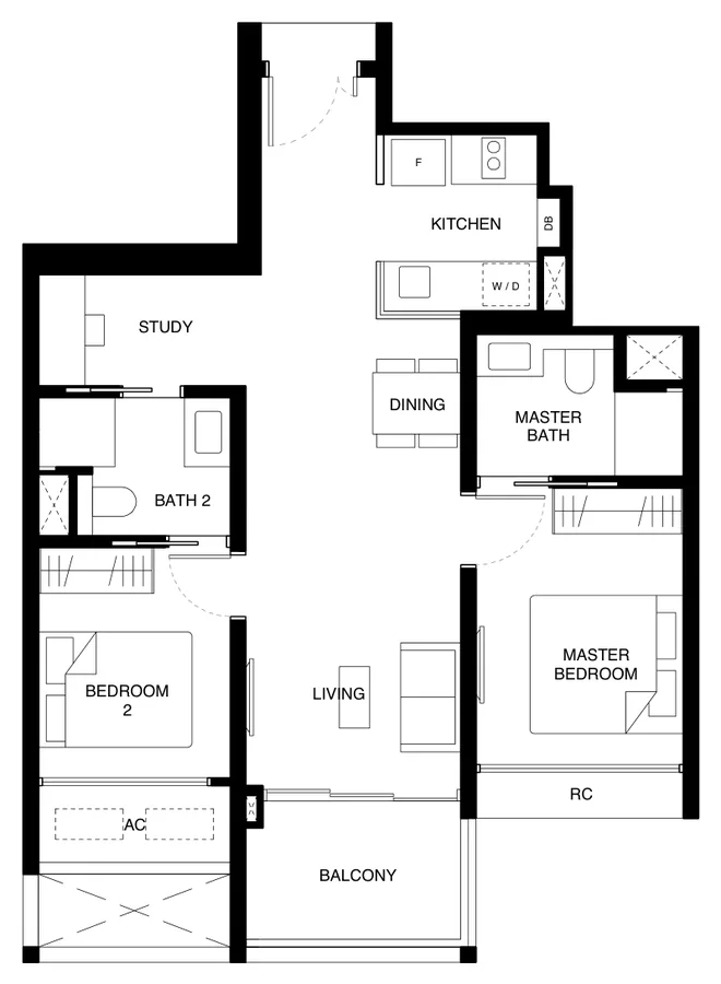 Floor plan of Tengah Garden Residences type (2)d, 2-Bedroom Premium (With Study), 753 sq ft