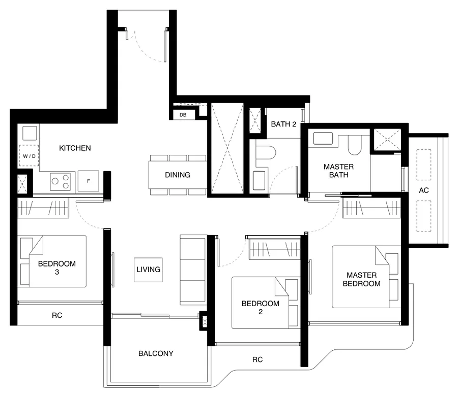 Floor plan of Tengah Garden Residences type (3)a, 3-Bedroom, 797 sq ft