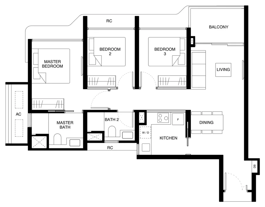 Floor plan of Tengah Garden Residences type (3)b, 3-Bedroom, 818 sq ft