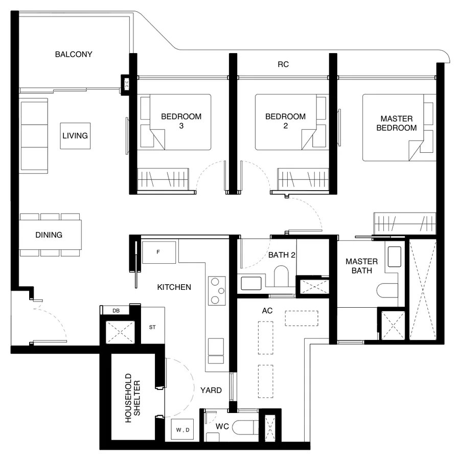 Floor plan of Tengah Garden Residences type (3)e, 3-Bedroom Premium (With Yard), 969 sq ft