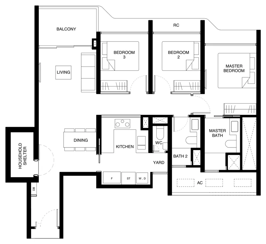 Floor plan of Tengah Garden Residences type (3)f, 3-Bedroom Premium (With Yard), 980 sq ft