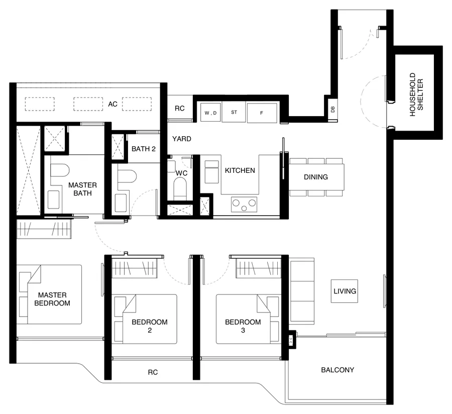 Floor plan of Tengah Garden Residences type (3)g, 3-Bedroom Premium (With Yard), 990 sq ft