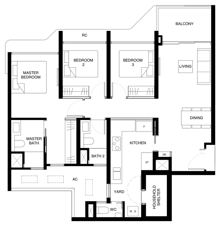Floor plan of Tengah Garden Residences type (3)h, 3-Bedroom Premium (With Yard), 1,012 sq ft