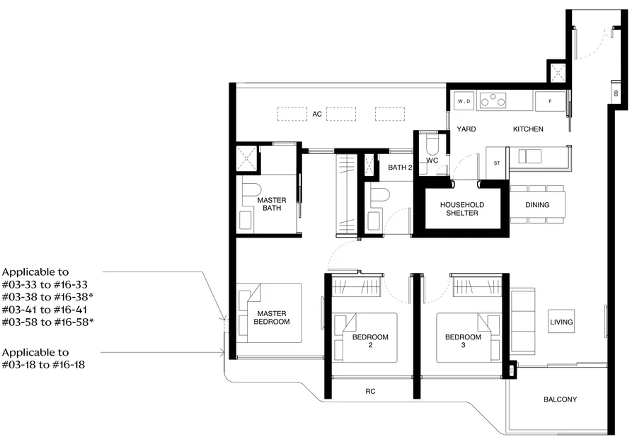 Floor plan of Tengah Garden Residences type (3)k, 3-Bedroom Premium (With Yard), 1,033 sq ft