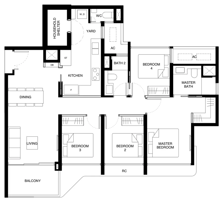 Floor plan of Tengah Garden Residences type (4)a, 4-Bedroom (With Yard), 1,130 sq ft