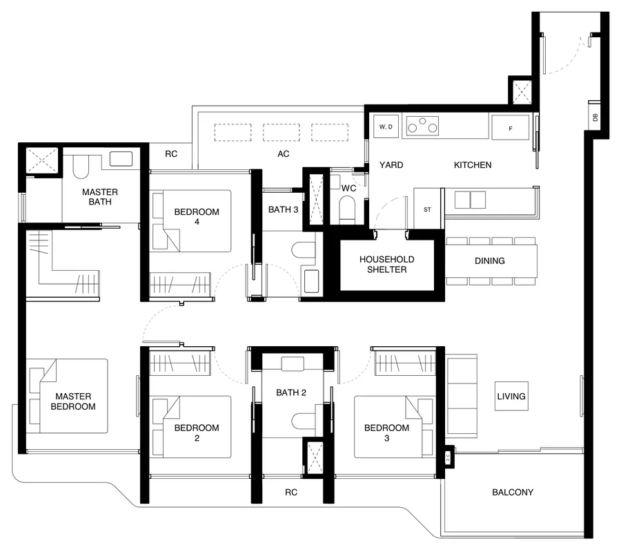 Floor plan of Tengah Garden Residences type (4)e, 4-Bedroom Premium (With Yard), 1,259 sq ft