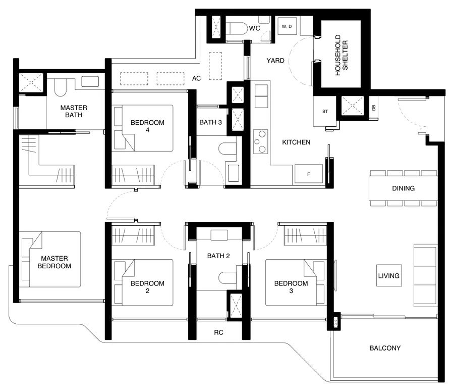 Floor plan of Tengah Garden Residences type (4)f, 4-Bedroom Premium (With Yard), 1,249 sq ft
