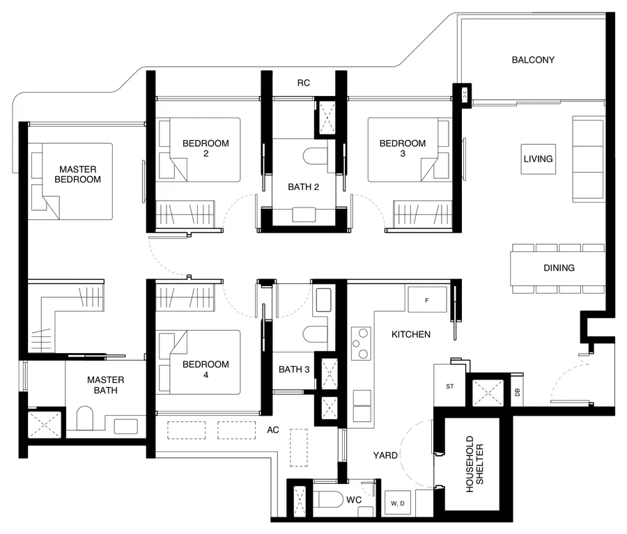 Floor plan of Tengah Garden Residences type (4)g, 4-Bedroom Premium (With Yard), 1,249 sq ft