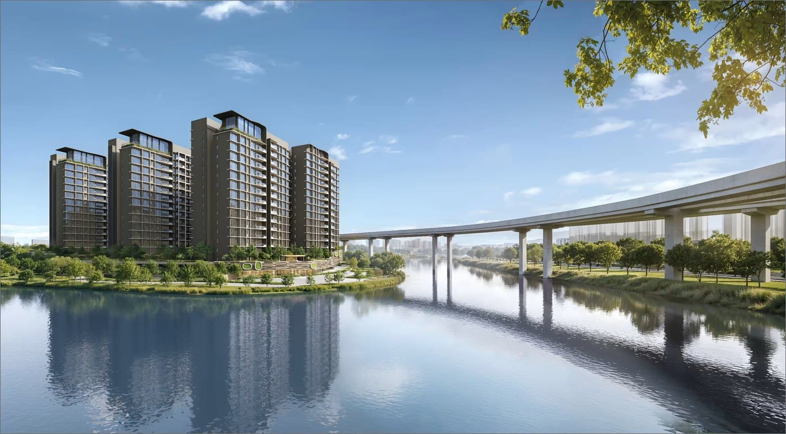 Artist's impression of the Tengah Garden Residences towers seen across the proposed Tengah Pond, with the Jurong Region Line viaduct on the right
