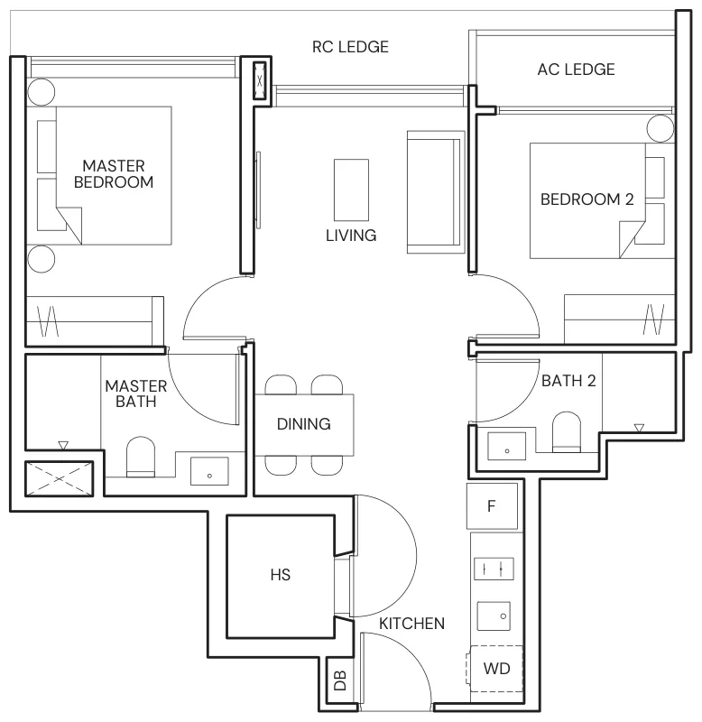 Floor plan of Terra Hill type B1, 2 Bedroom, 624 sq ft