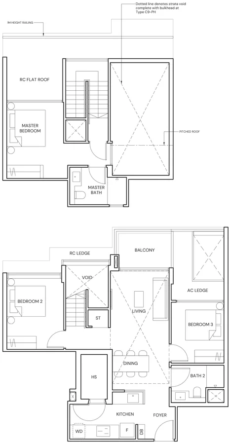 Floor plan of Terra Hill type C9-PH, 3 Bedroom Penthouse, 1,335 sq ft