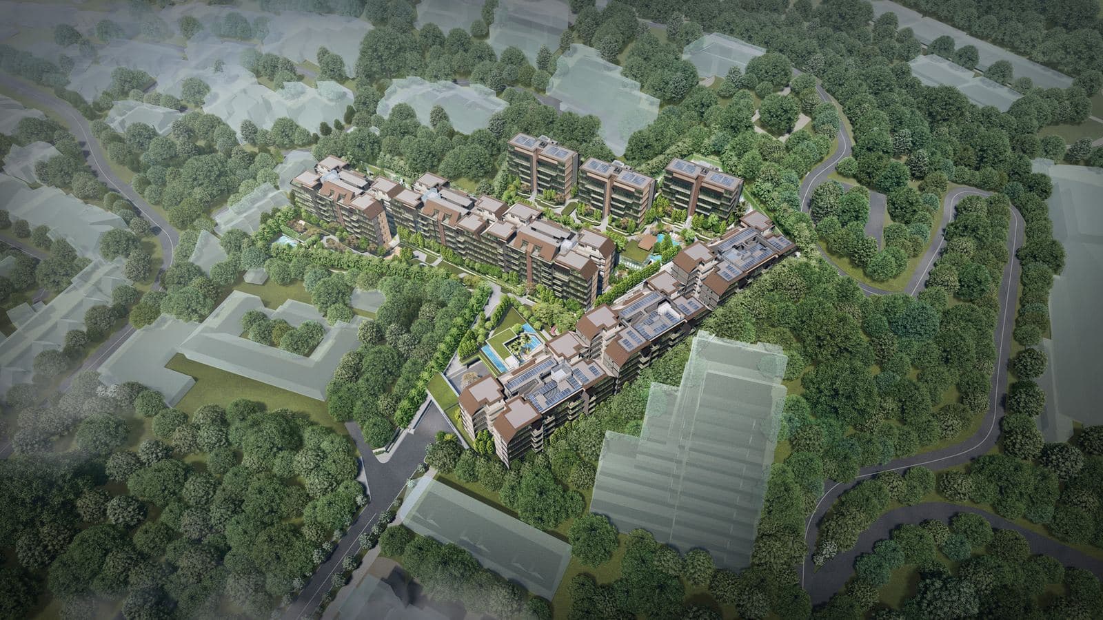 Artist's impression of Terra Hill from the air: nine five-storey blocks stepping up a wooded hillside, with the lap pool between them