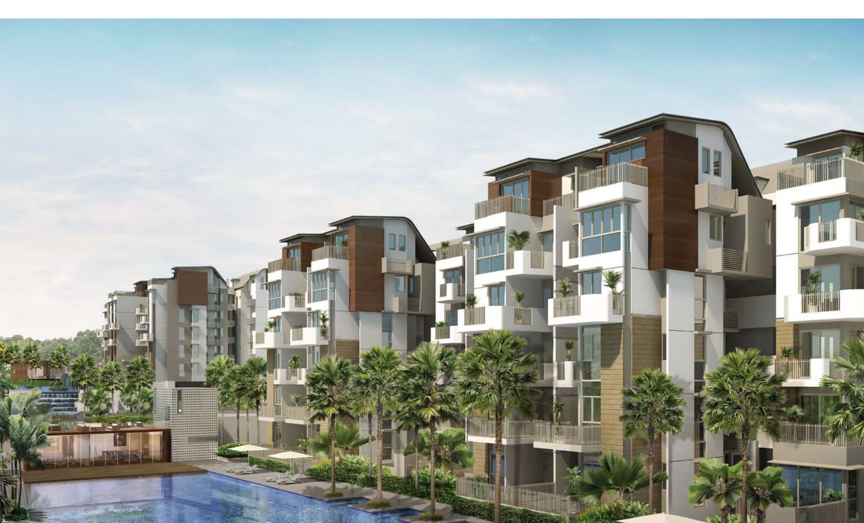 Terrasse: terraced five-storey blocks with timber accents stepping down to a long lap pool