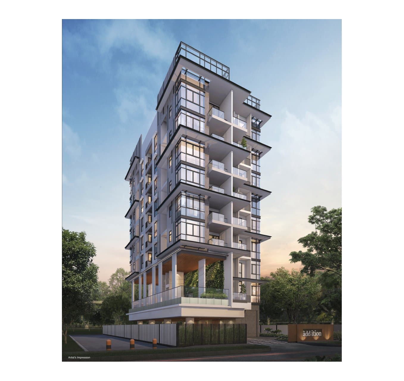 The Addition: the eight-storey block on Meyappa Chettiar Road at dusk