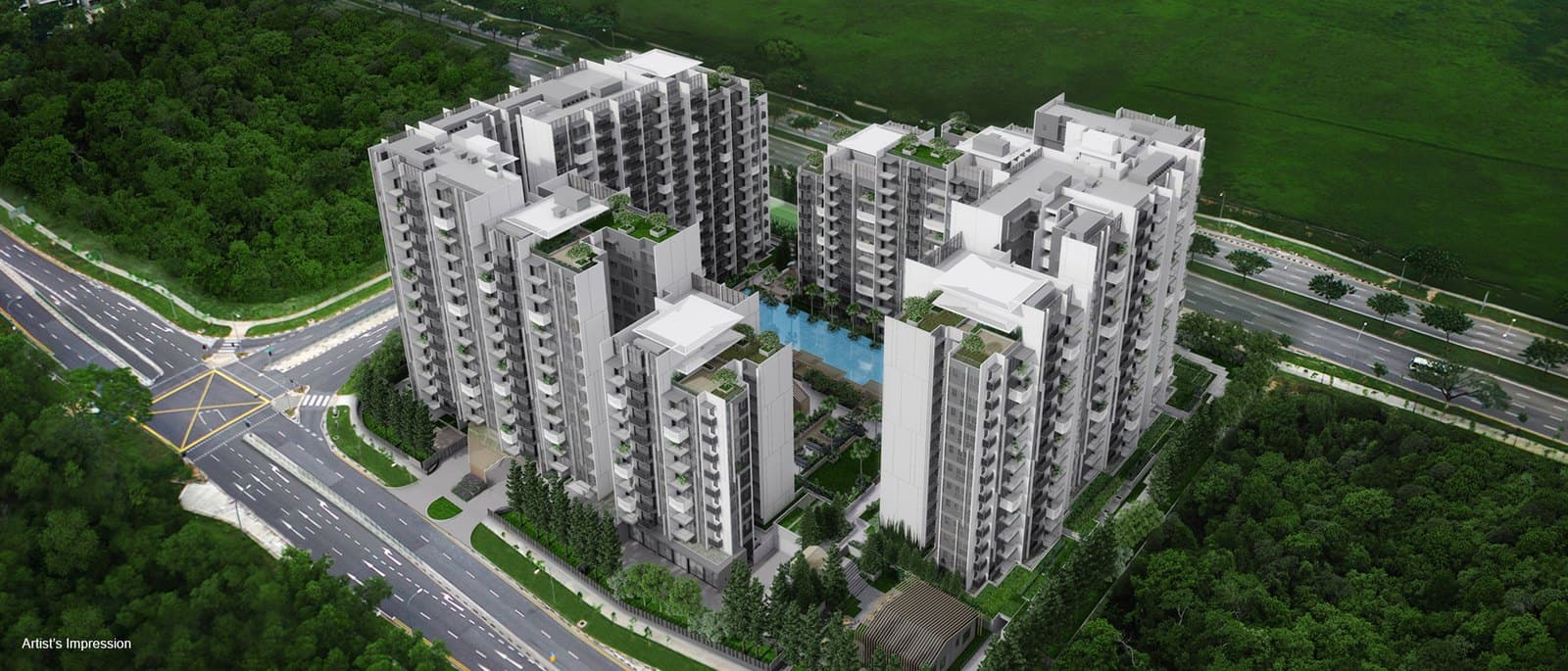 Artist's impression of The Alps Residences from the air: nine pale grey blocks of stepped heights with planted roof terraces, set round a long lap pool, beside a road junction with forest behind