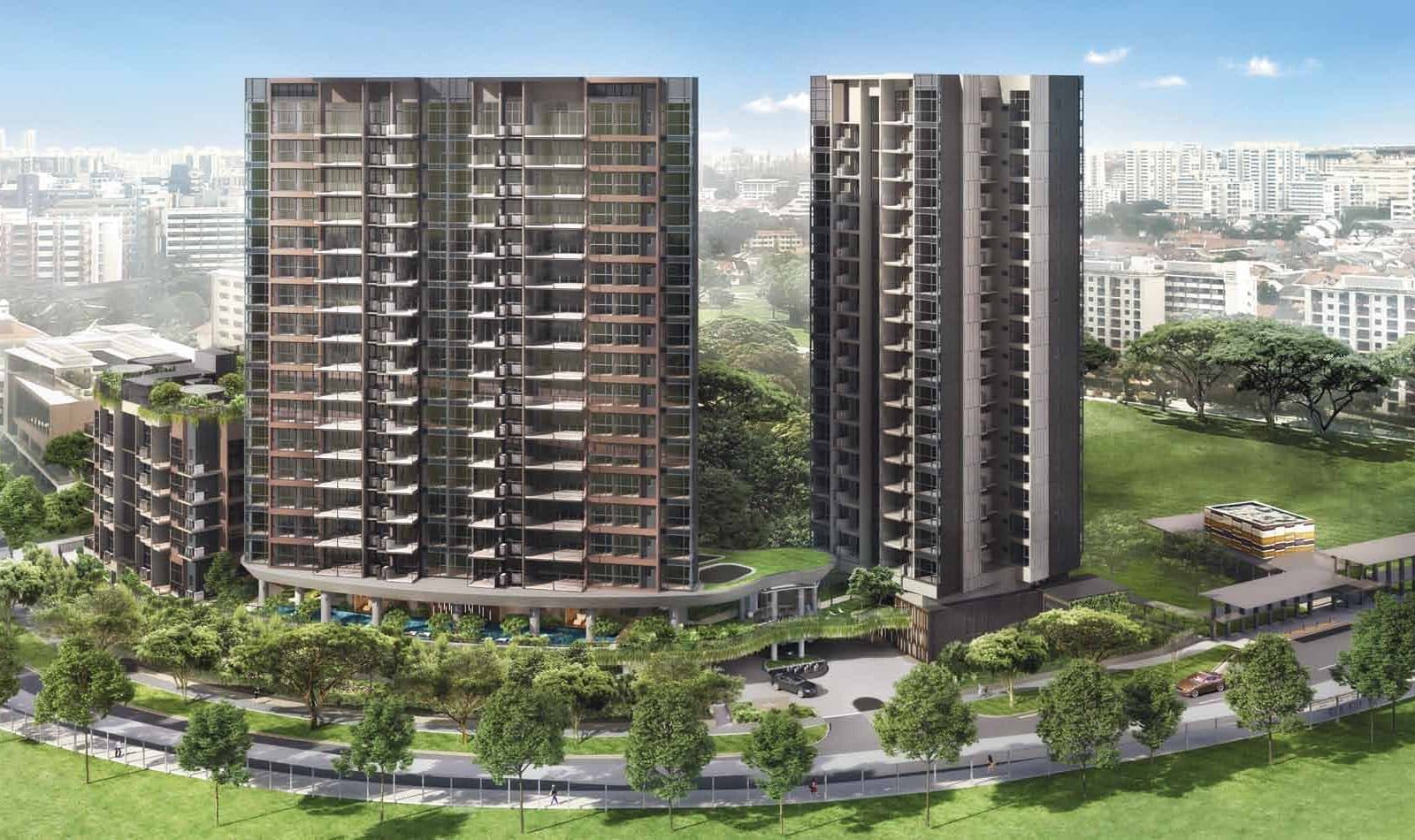 Artist's impression of The Antares from above Mattar Road: the curved 17-storey block and the 18-storey tower over the arrival court, the 5-storey blocks behind