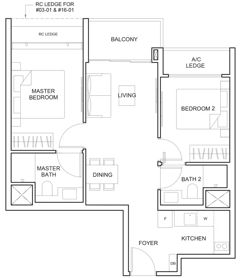 Floor plan of The Arcady at Boon Keng type B1, 2-Bedroom, 667 sq ft