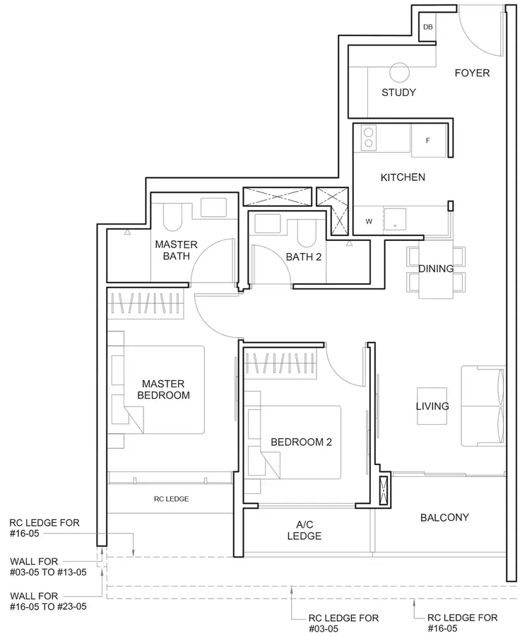 Floor plan of The Arcady at Boon Keng type B3, 2-Bedroom + Study, 764 sq ft