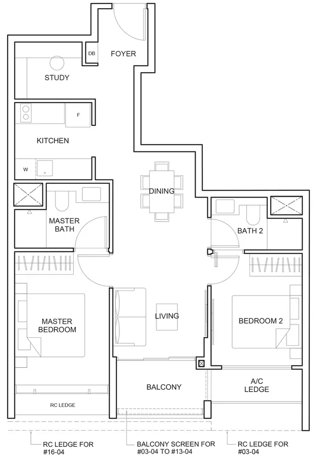 Floor plan of The Arcady at Boon Keng type B4 / B4A, 2-Bedroom + Study, 764 sq ft