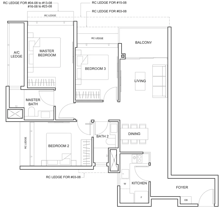 Floor plan of The Arcady at Boon Keng type C1, 3-Bedroom, 969 sq ft