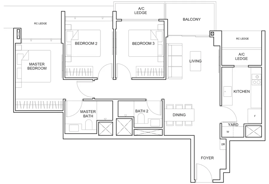 Floor plan of The Arcady at Boon Keng type C2, 3-Bedroom, 980 sq ft