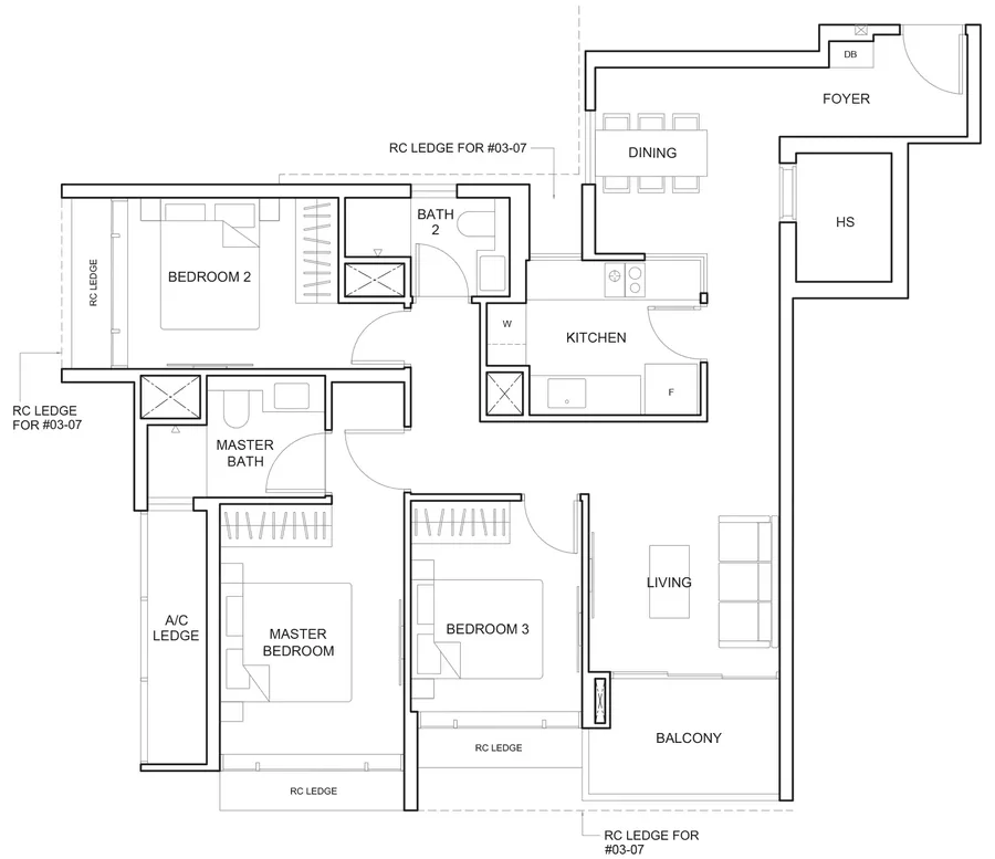 Floor plan of The Arcady at Boon Keng type C3, 3-Bedroom Premium, 1,087 sq ft
