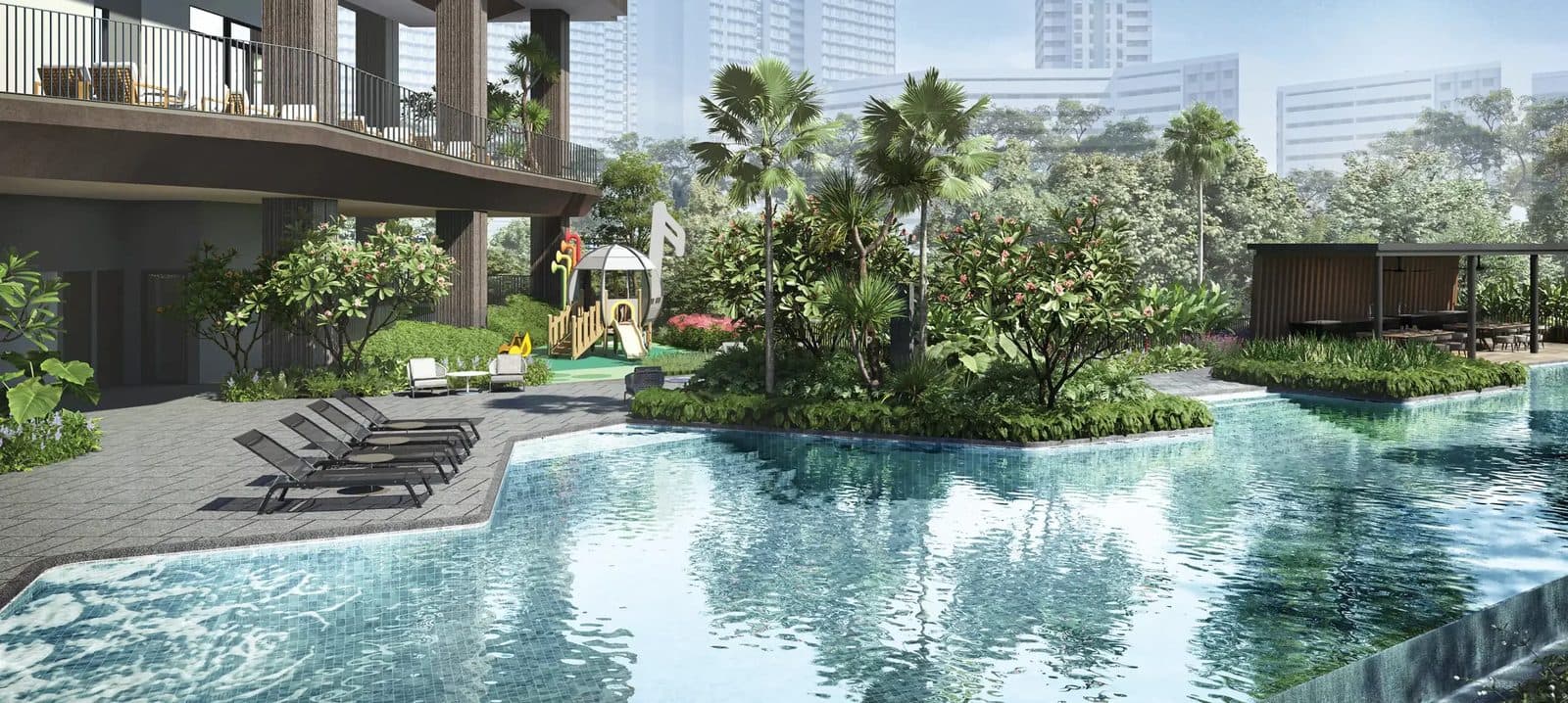 Artist's impression of the infinity pool on the landscape deck of The Arcady at Boon Keng, with sun loungers, the kids playground and the foot of the tower