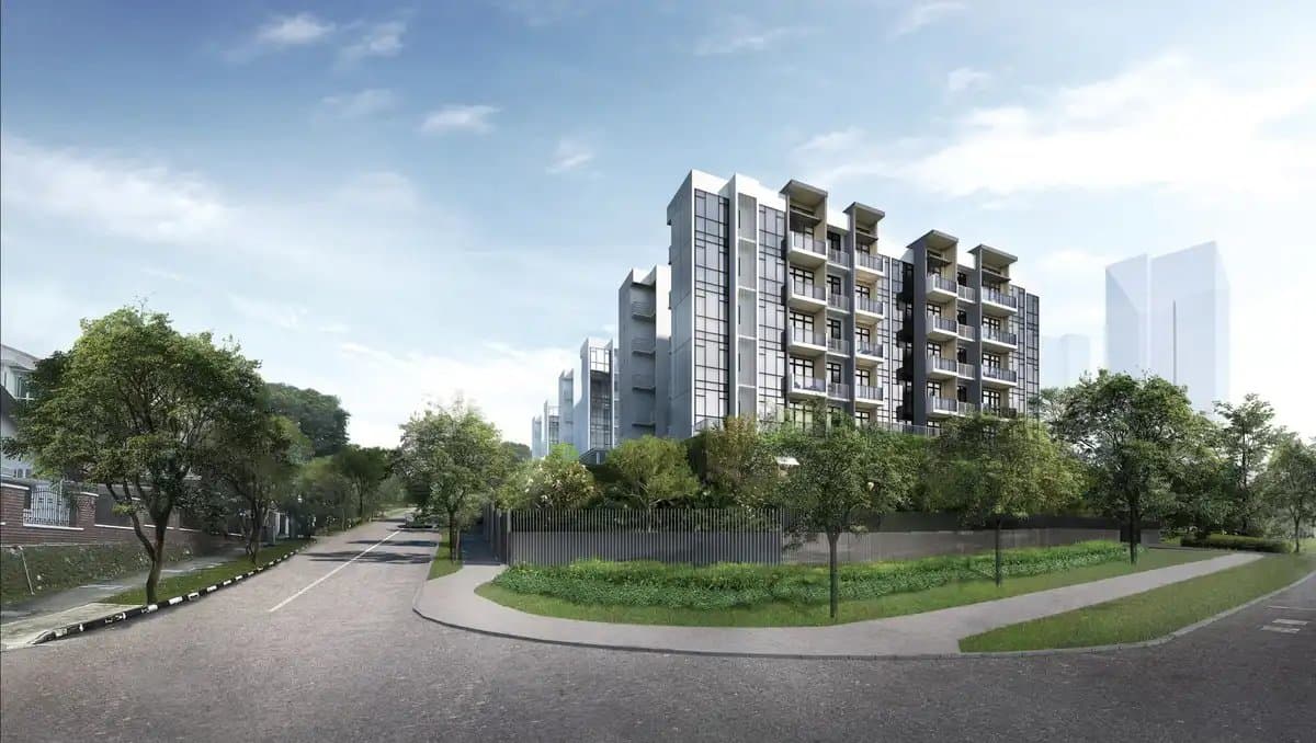 Artist's impression of The Arden: the 5-storey blocks behind the boundary planting at the corner of Phoenix Road