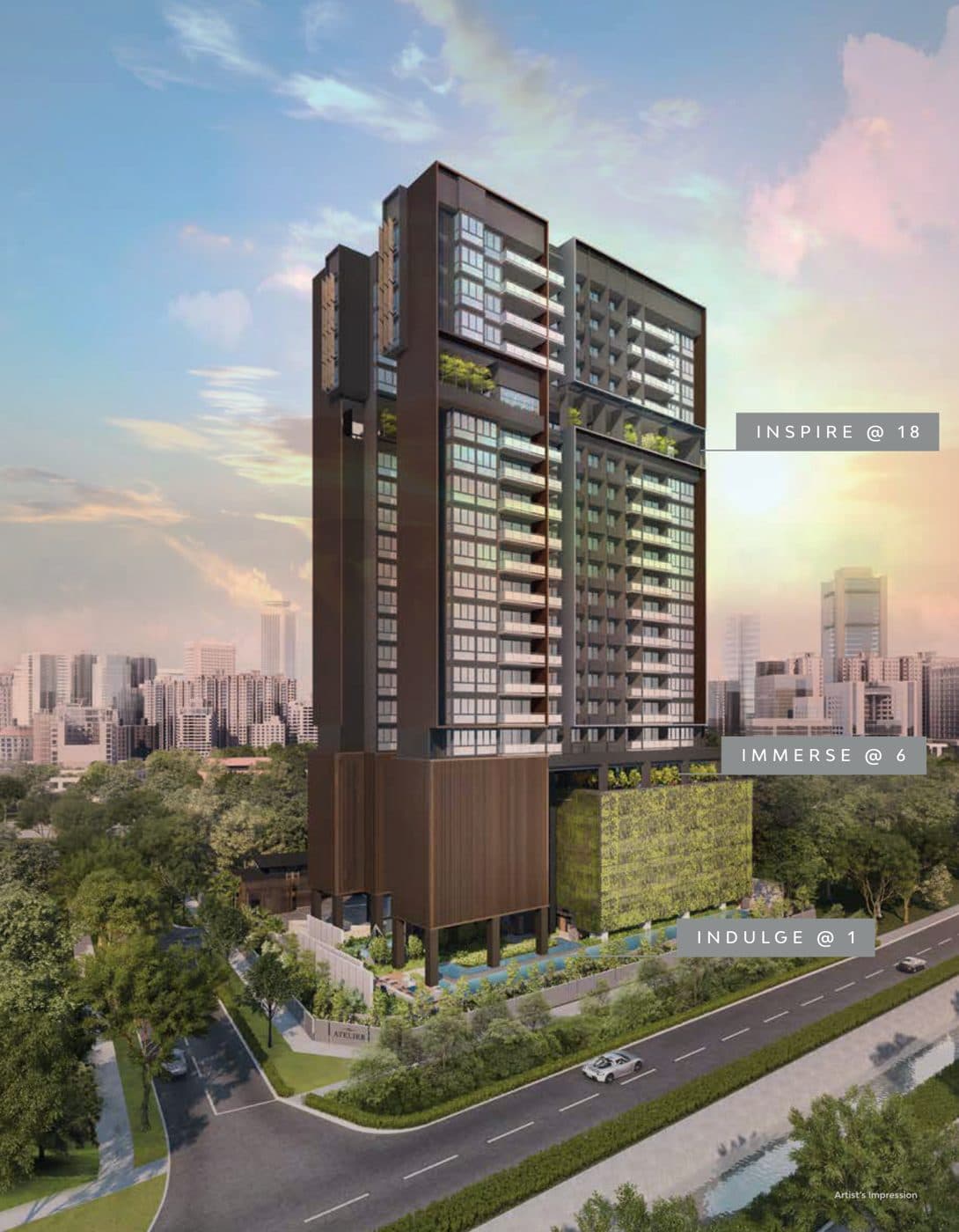 Artist's impression of The Atelier: the 22-storey tower on Makeway Avenue, Newton, with its green podium wall and the city behind