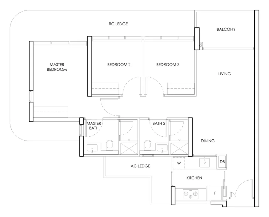 Floor plan of The Chuan Park type C1 / C1-m, 3-Bedroom, 915 sq ft